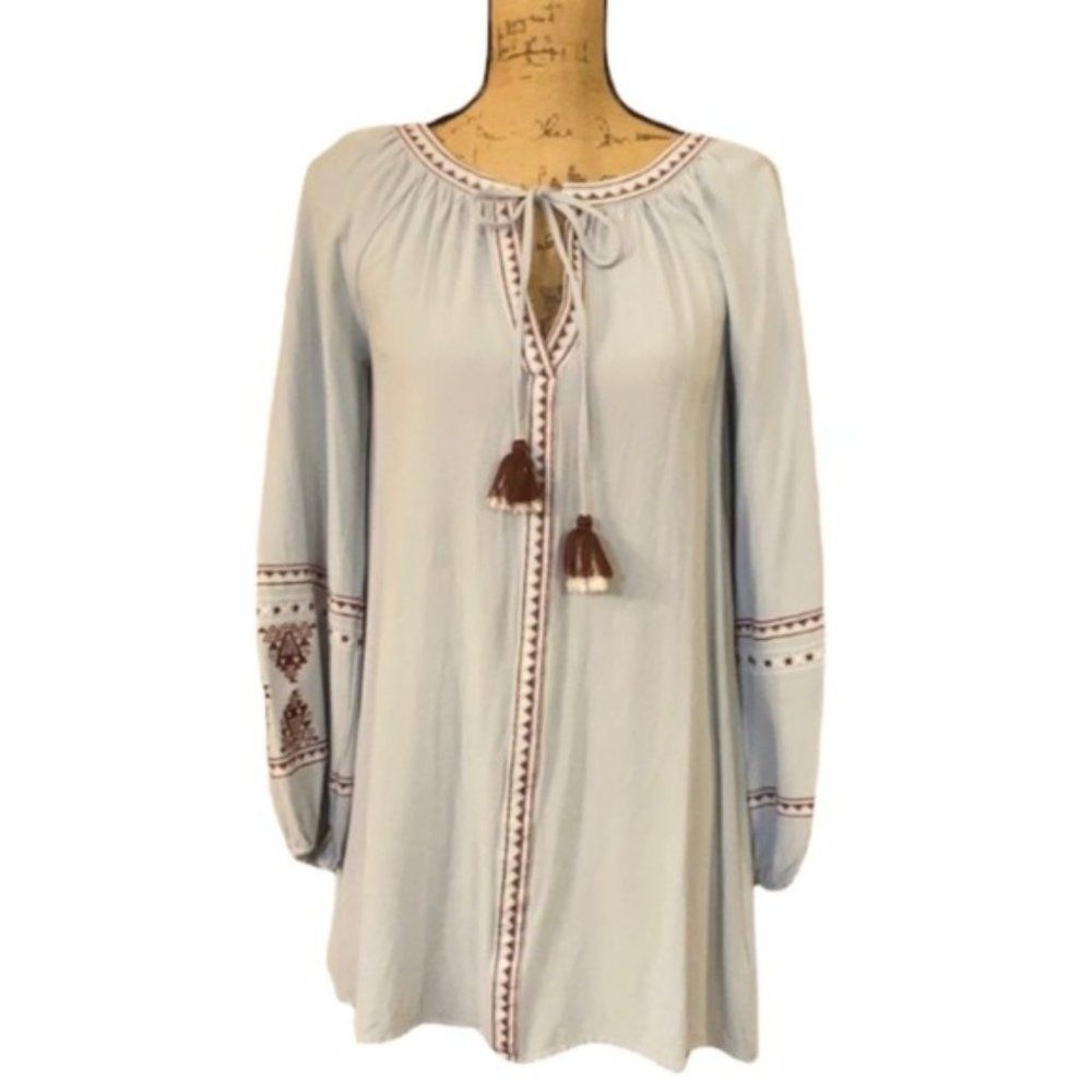 BLUE RAIN Light Blue Embroidered Tunic Top Small